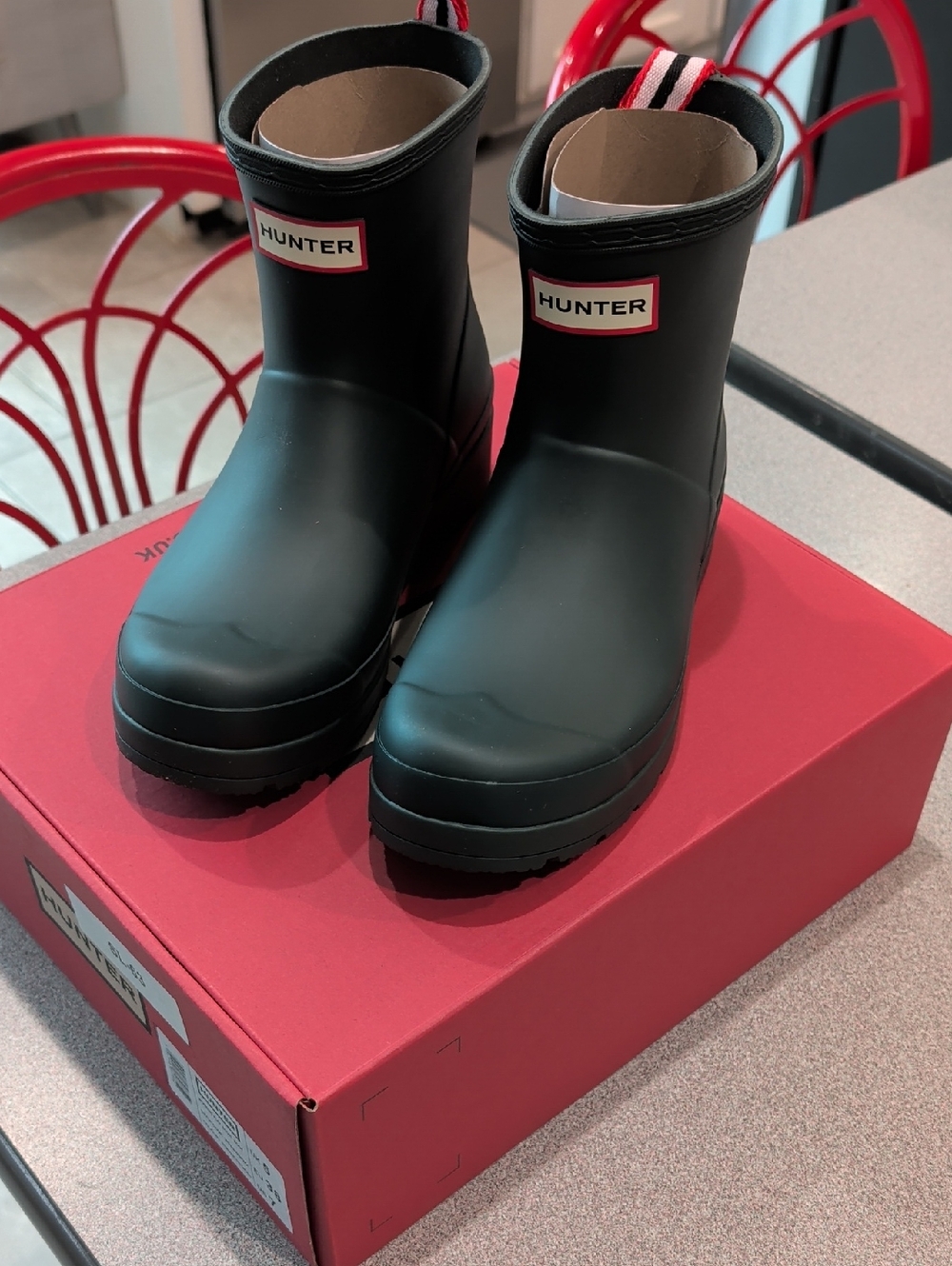 Hunter Black Short Rain Boots with Contrast Heel Loop